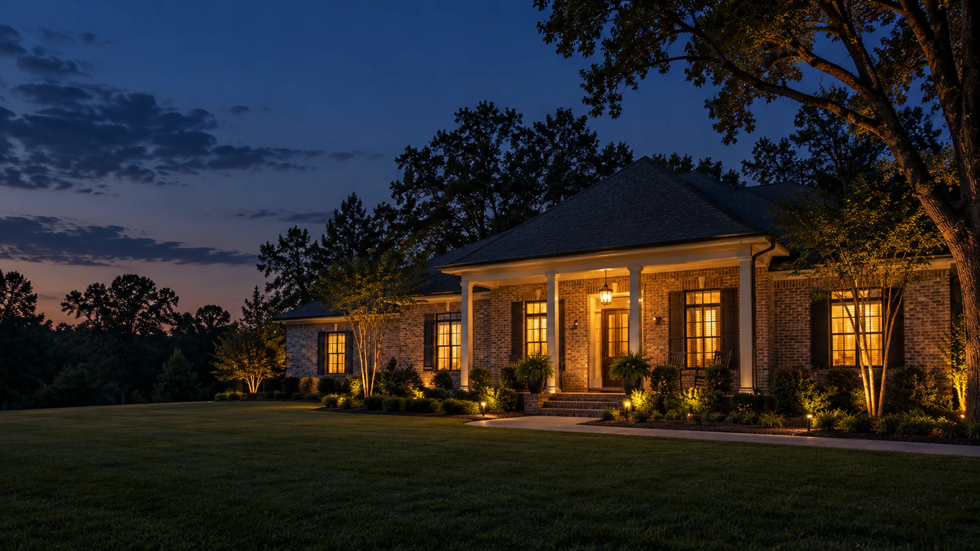 Illustrative scene: a single-storey brick home at dusk with warm light in the windows